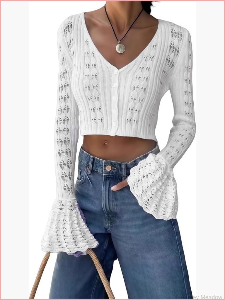 Knit Long Sleeve Cardigan Hollow Out V Neck Bodycon Crop Top See Through Casual